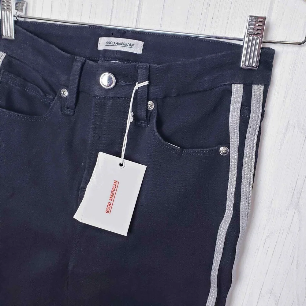 Good American Size 2/26 Good Legs Athletic‎ Metallic Stripe Jeans Black NWT